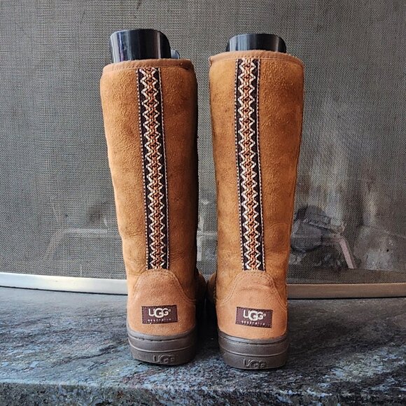 UGG Brown Suede Leather Ultra Tall Braided Back Boots Size 8 - Picture 9 of 16